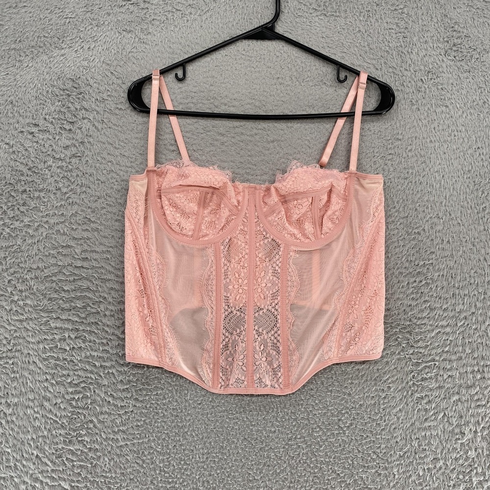 Corset Top Womens 2XL Pink‎ Lace Bustier Floral Mesh Underwire Lingerie Coquette